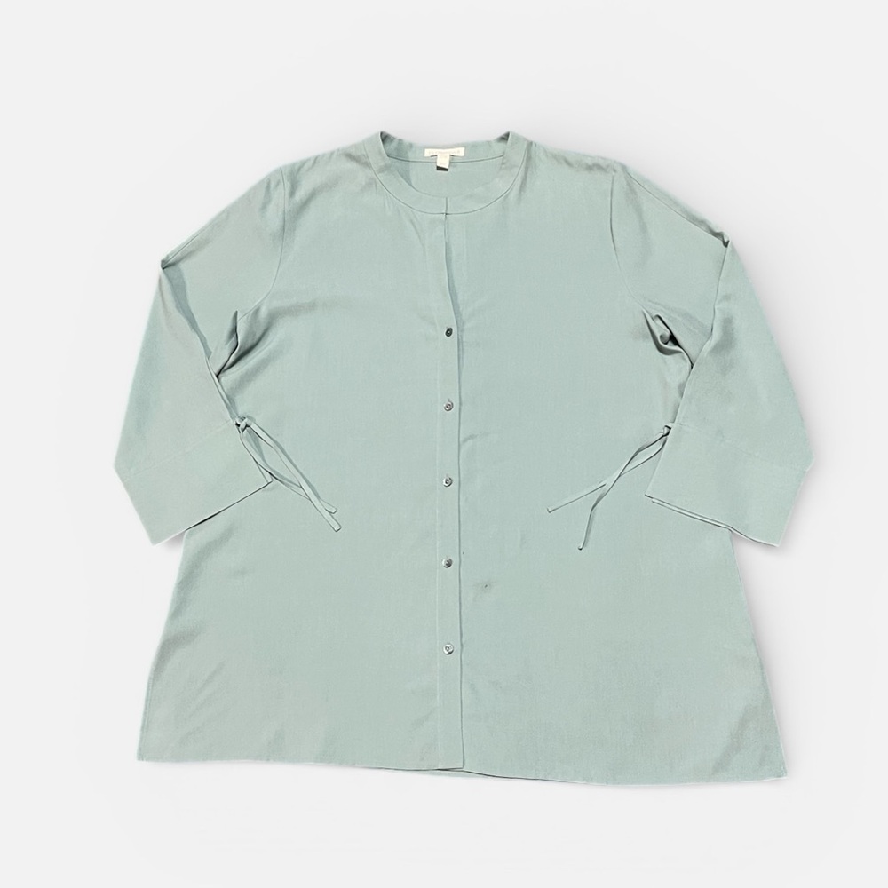 Eileen Fisher Fuji Silk 3/4-Sleeve Blouse in Elm Size Medium - Picture 6 of 9